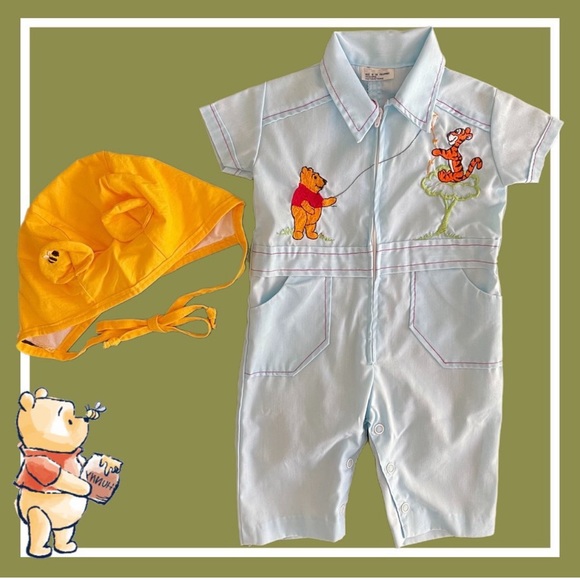 Vintage Winnie the Pooh Jumpsuit & Custom Handmade Bonnet - 0-3m - Picture 1 of 3